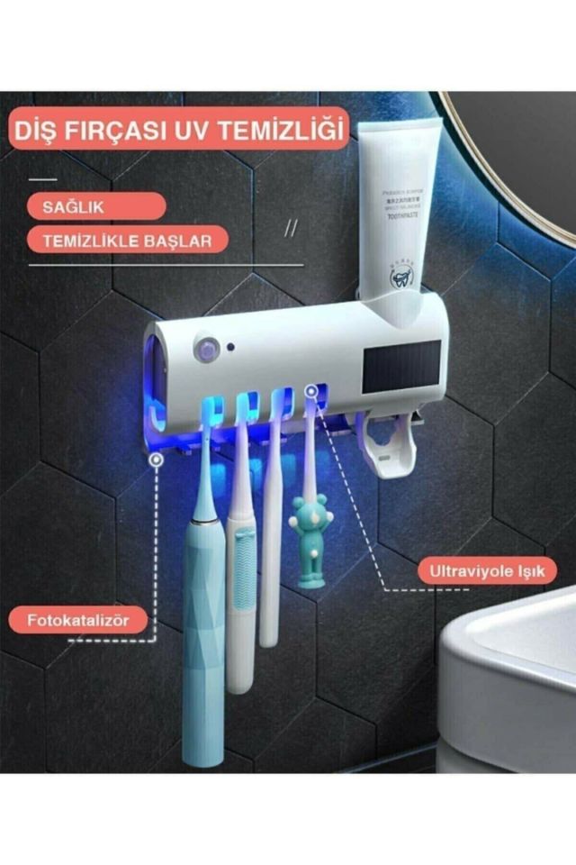 Otomatik Diş Macunu Sıkacağı ve Sterilizatör - 4 Diş Fırçası Tutuculu