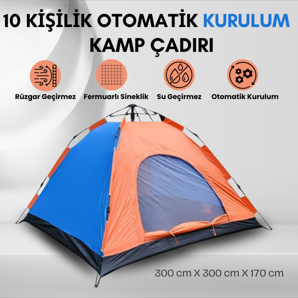 10 Kişilik Kamp Çadırı - Tam Otomatik Kurulum 300x300x170 cm Renkli