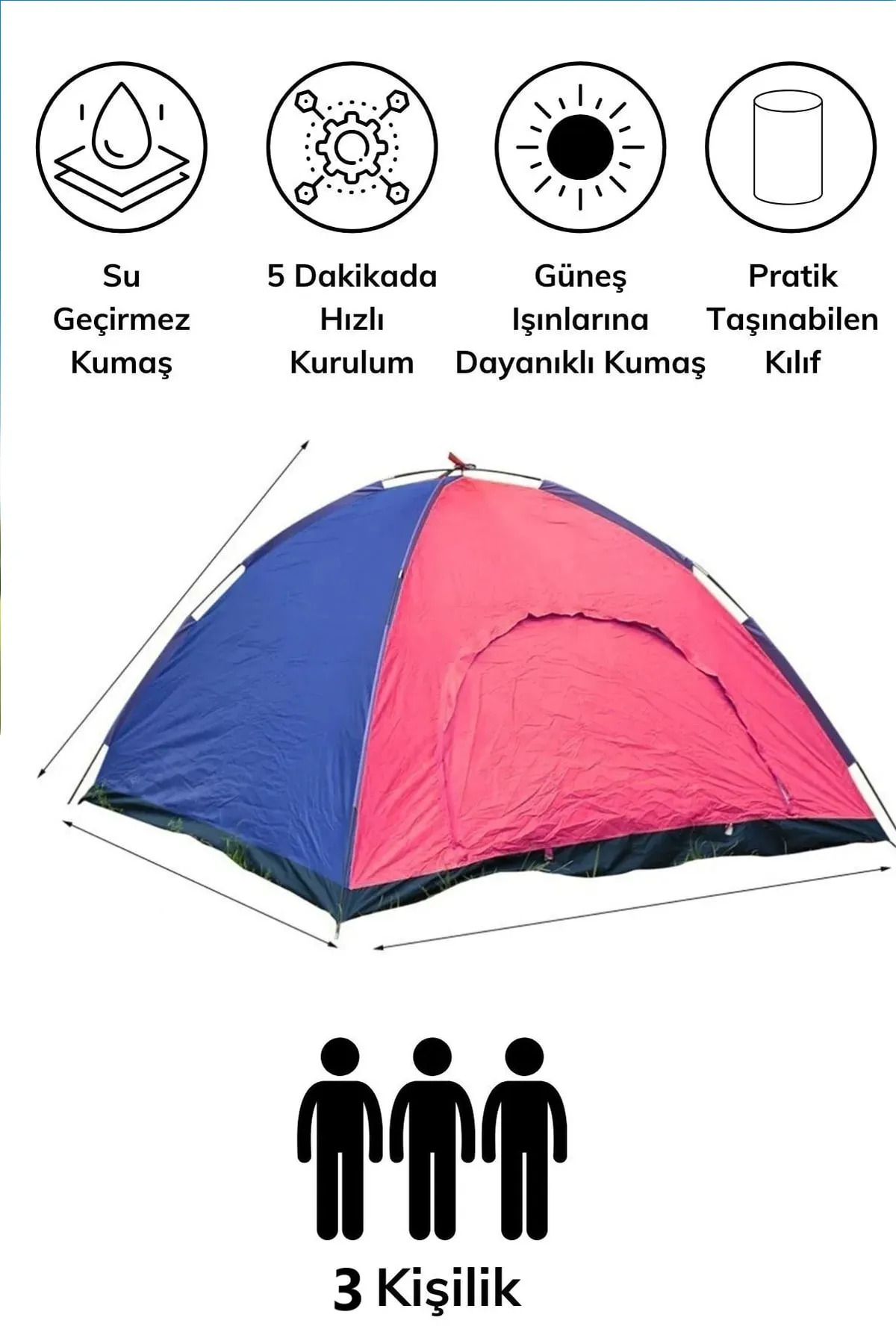 3 Kişilik Kamp Çadırı -Kolay Kurulum - Manuel -200*150*110cm