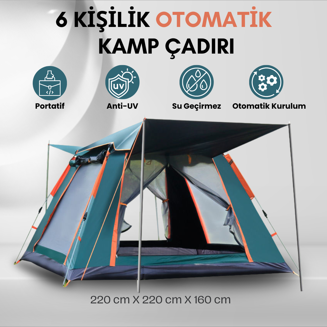 6 Kişilik Otomatik Kamp Çadırı - Portatif, Anti-UV, Su Geçirmez