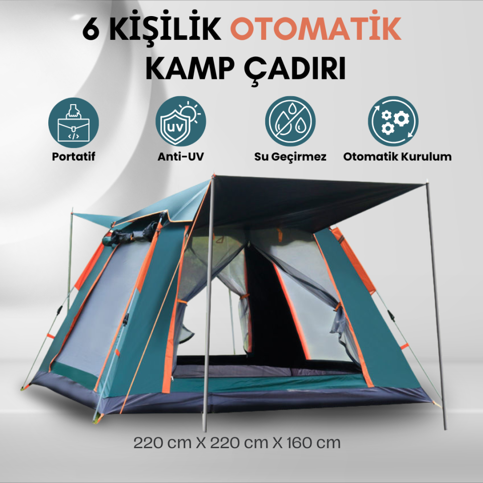 6 Kişilik Otomatik Kamp Çadırı - Portatif, Anti-UV, Su Geçirmez