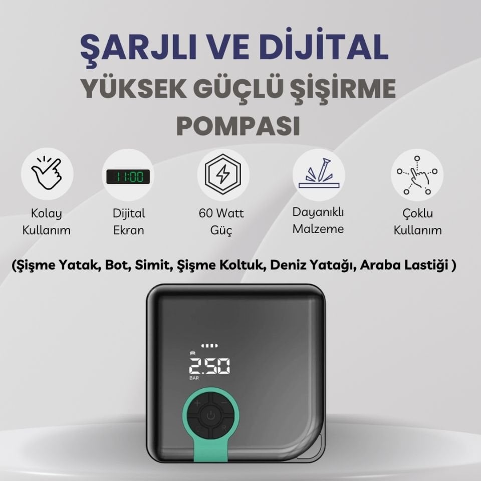 Araba Hava Kompresörü Lastik Şişirme Taşınabilir Şarjlı Elektrikli Dijital Hava Pompası