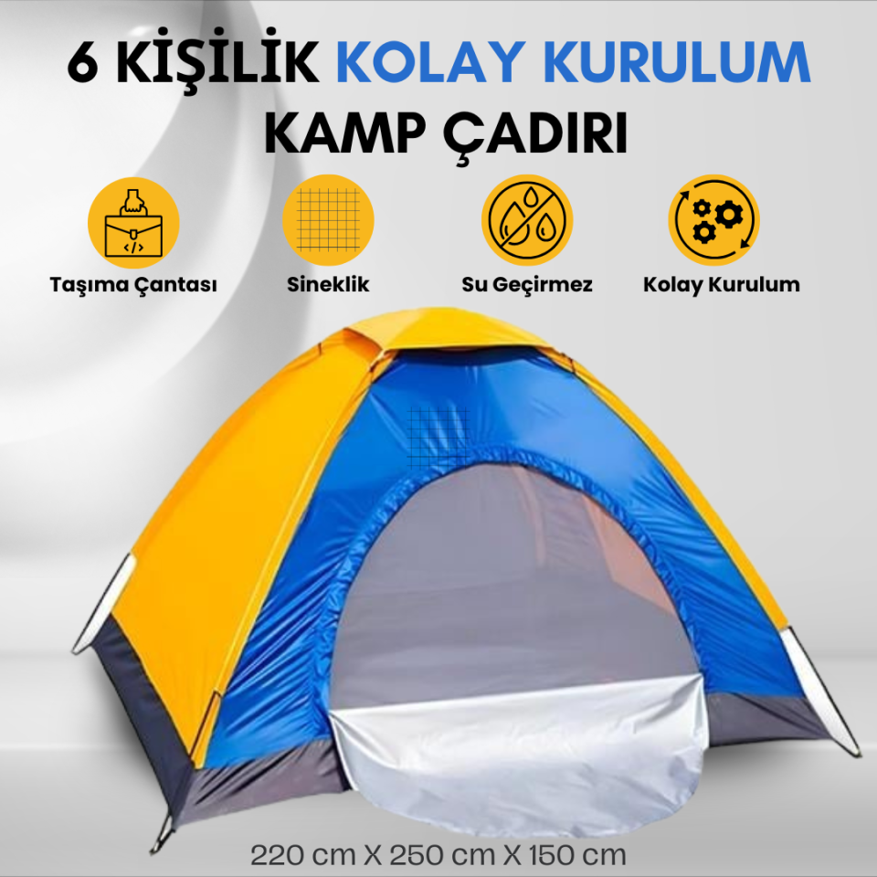 6 Kişilik Kolay Kurulum Kamp Çadırı 220x250x150 cm