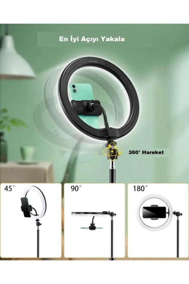 Işıklı Tripod Ring Light 14 Inç Tiktok Youtuber Çekim -  Telefon Tutucu Makyaj Işığı +2.1 Mt Tripod