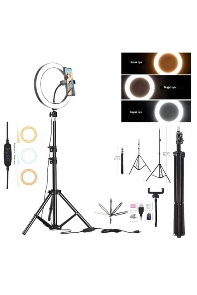 Işıklı Tripod Ring Light 14 Inç Tiktok Youtuber Çekim -  Telefon Tutucu Makyaj Işığı +2.1 Mt Tripod