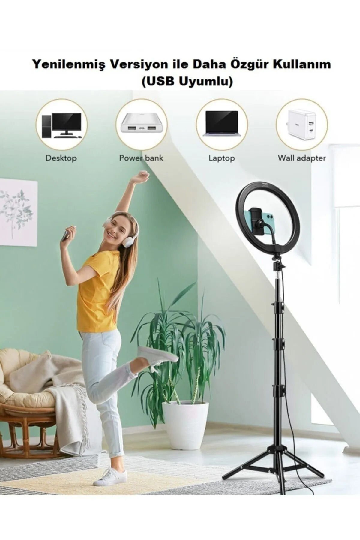 Işıklı Tripod Ring Light 14 Inç Tiktok Youtuber Çekim -  Telefon Tutucu Makyaj Işığı +2.1 Mt Tripod