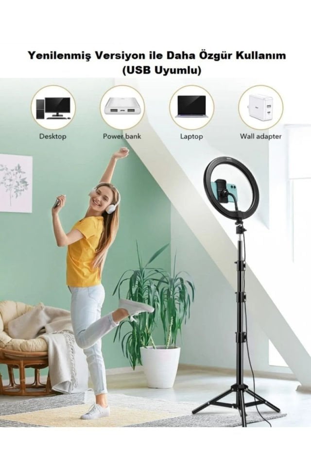 Işıklı Tripod Ring Light 14 Inç Tiktok Youtuber Çekim -  Telefon Tutucu Makyaj Işığı +2.1 Mt Tripod