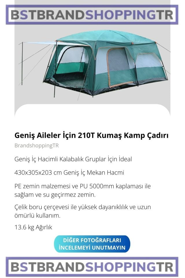 Geniş İç Hacimli Kamp Çadırı (430x305x203 cm) / Kamp Outdoor Plaj Piknik Çadırı /Eşsiz ve Dayanıklı