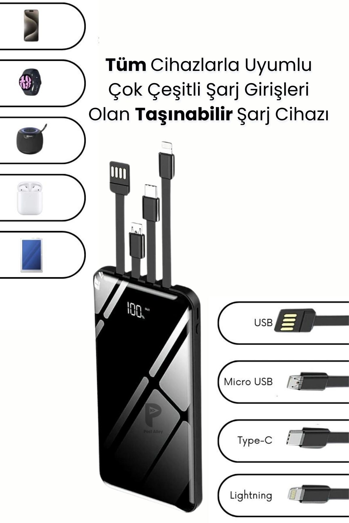 Çoklu Kablolu Powerbank - 10.000 Mah Prime Dijital Göstergeli Dahili Taşınabilir Şarj Cihazı