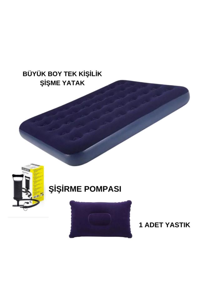 Büyük Boy Tek Kişilik Şişme Yatak (191cm X 99cm X 22 Cm) + Yastık + Pompa / Kamp Seti