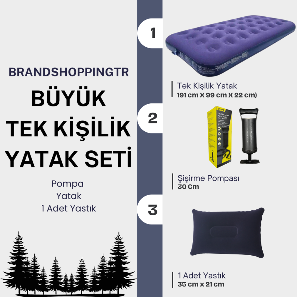 Büyük Boy Tek Kişilik Şişme Yatak (191cm X 99cm X 22 Cm) + Yastık + Pompa / Kamp Seti