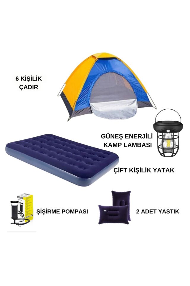 6 Kişilik Kolay Kurulumlu Kamp Çadırı + Çift Kişilik Şişme Yatak Seti + Lamba (Kamp Seti)