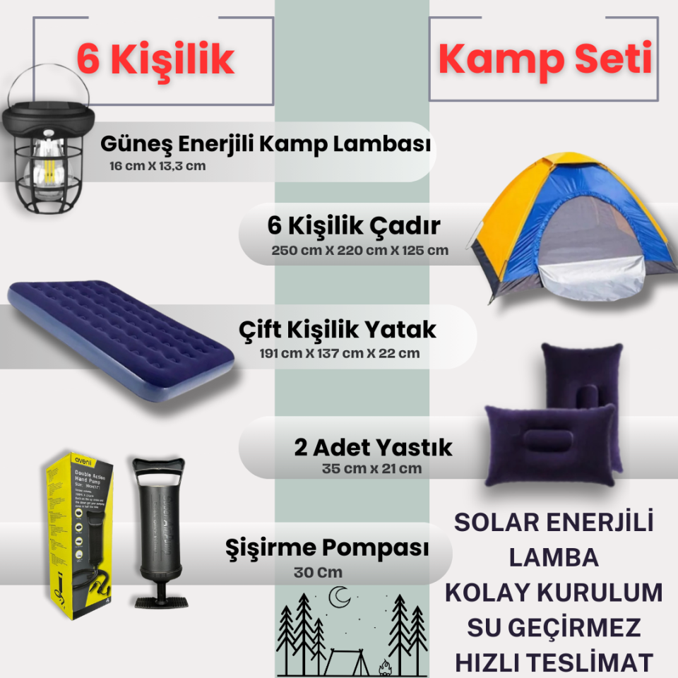 6 Kişilik Kolay Kurulumlu Kamp Çadırı + Çift Kişilik Şişme Yatak Seti + Lamba (Kamp Seti)