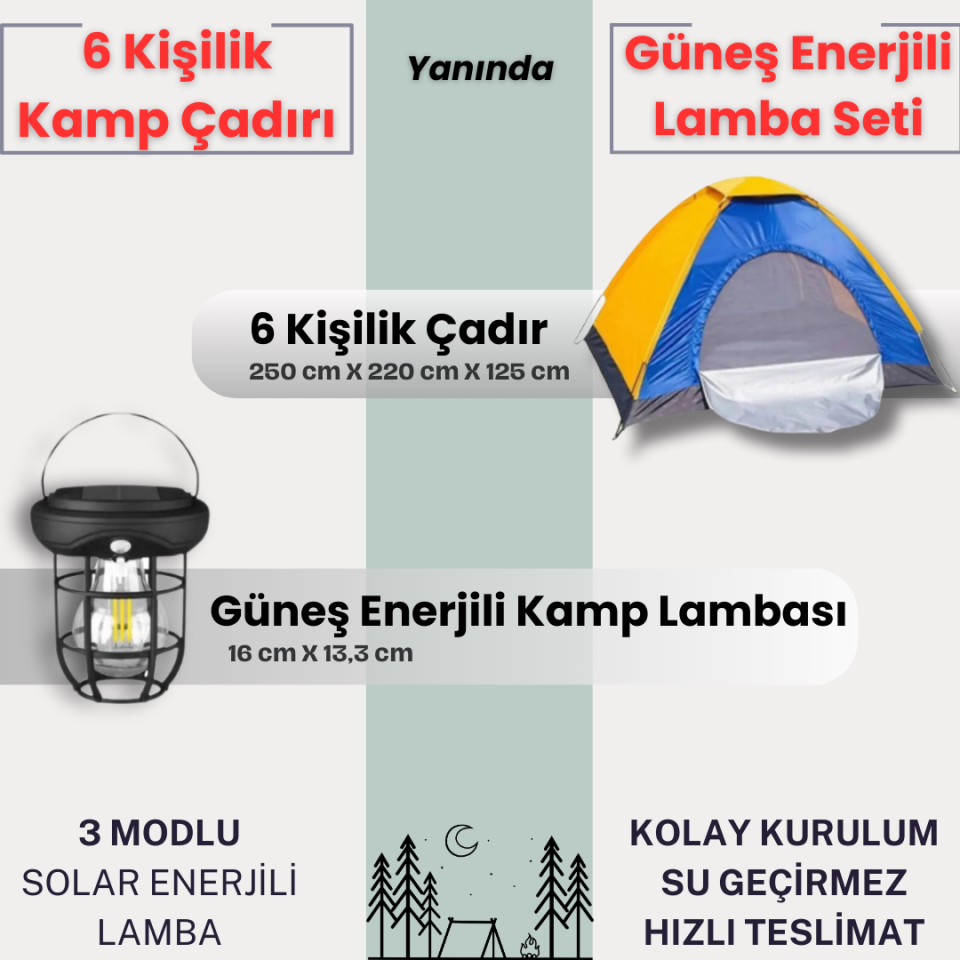 6 Kişilik Kolay Kurulumlu Kamp Çadırı + Lamba (Kamp Seti)