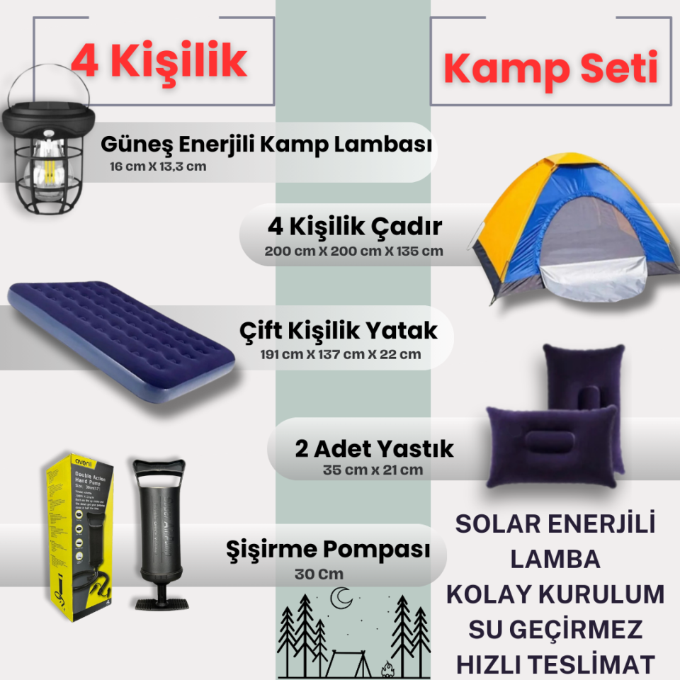 4 Kişilik Kolay Kurulumlu Kamp Çadırı + Çift Kişilik Şişme Yatak Seti + Lamba (Kamp Seti)
