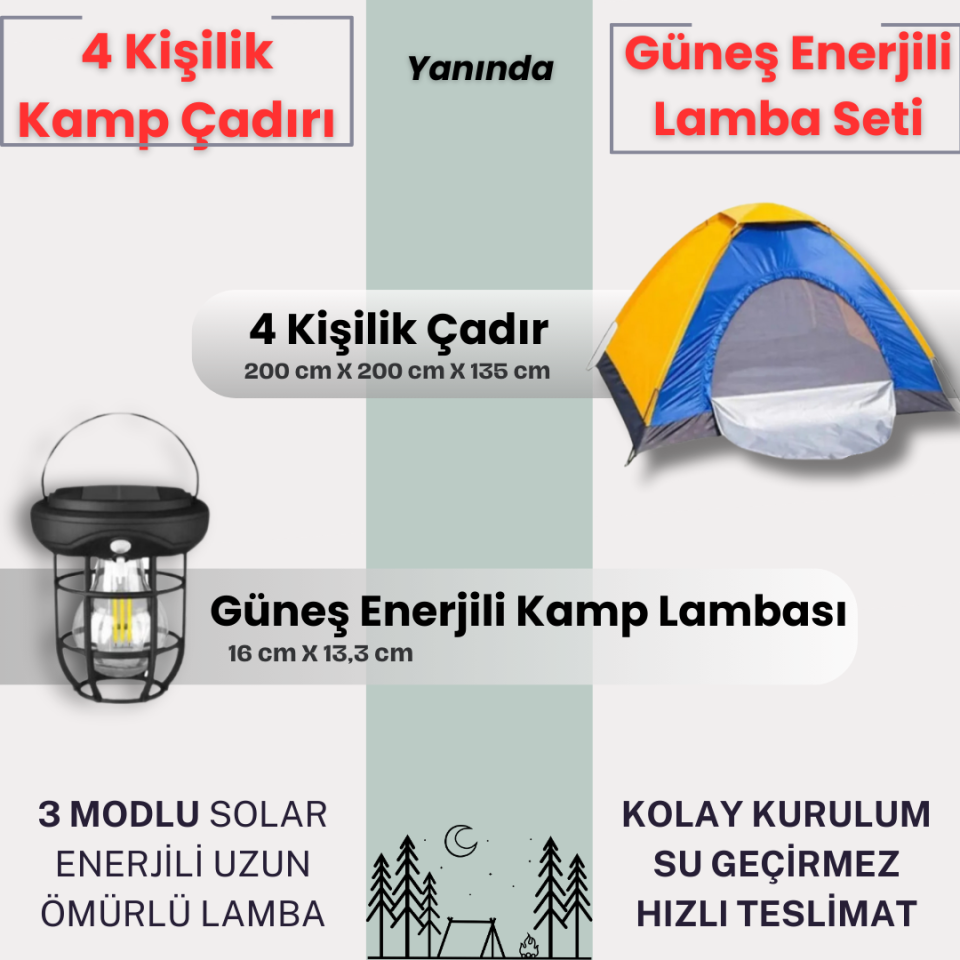 4 Kişilik Kolay Kurulumlu Kamp Çadırı + Lamba (Kamp Seti)