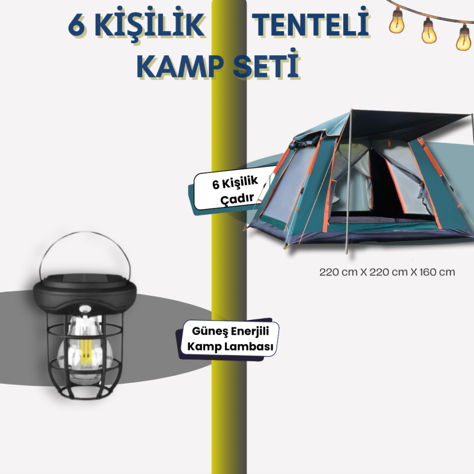6 Kişilik Tam Otomatik Tenteli Kamp Çadırı + Lamba (Kamp Seti)