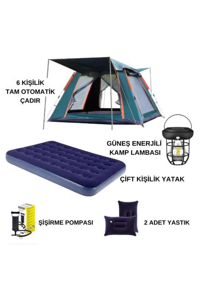 6 Kişilik Tam Otomatik Tenteli Kamp Çadırı + Çift Kişilik Şişme Yatak Seti + Lamba (Kamp Seti)