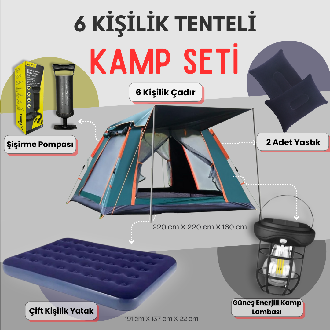 6 Kişilik Tam Otomatik Tenteli Kamp Çadırı + Çift Kişilik Şişme Yatak Seti + Lamba (Kamp Seti)