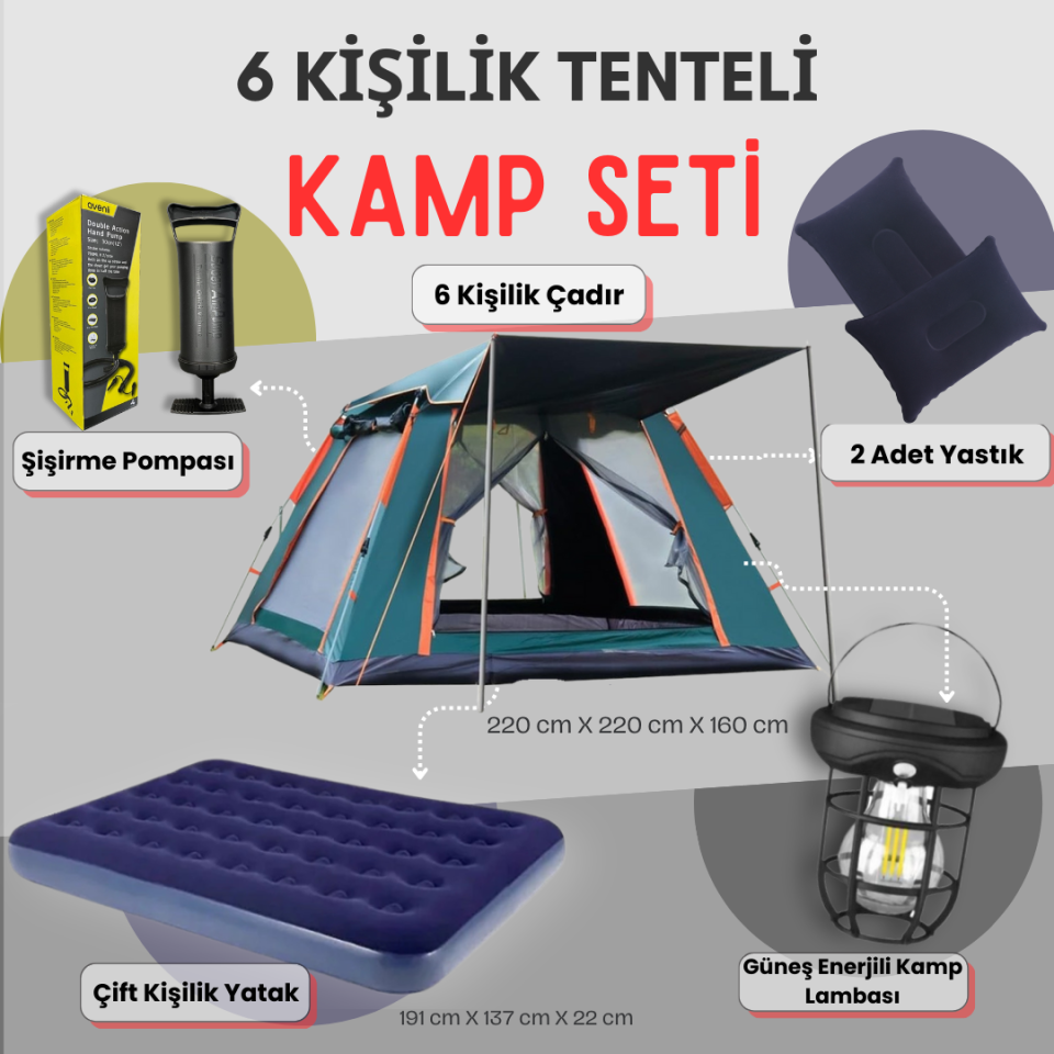 6 Kişilik Tam Otomatik Tenteli Kamp Çadırı + Çift Kişilik Şişme Yatak Seti + Lamba (Kamp Seti)