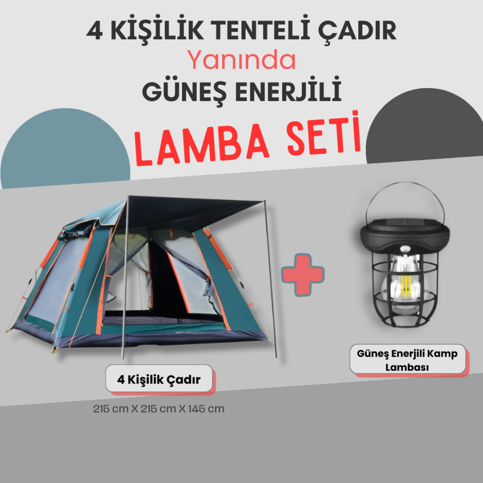 4 Kişilik Tam Otomatik Tenteli Kamp Çadırı + Lamba (Kamp Seti)