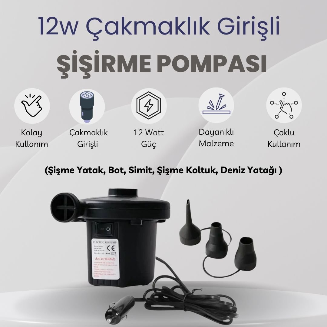 Şişirme Pompası - 12w Çakmaklık Girişli Hava Pompası (Şişme Yatak, Bot, Simit, Şişme Koltuk, Deniz Yatağı )