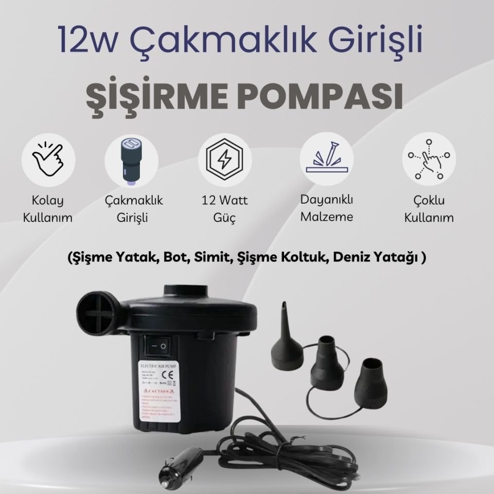 Şişirme Pompası - 12w Çakmaklık Girişli Hava Pompası (Şişme Yatak, Bot, Simit, Şişme Koltuk, Deniz Yatağı )