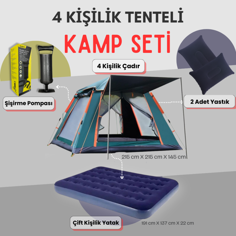 4 Kişilik Tam Otomatik Tenteli Kamp Çadırı+ Çift Kişilik Şişme Yatak Seti (Kamp Seti)