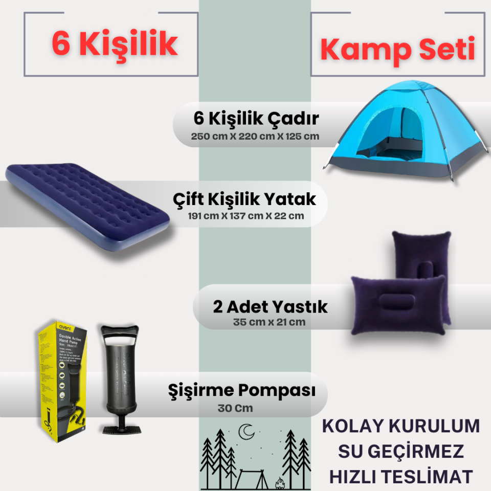 6 Kişilik Kolay Kurulumlu Kamp Çadırı + Çift Kişilik Şişme Yatak Seti (Kamp Seti)