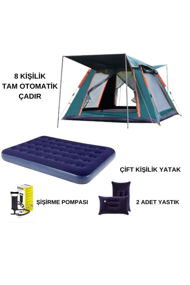 8 kişilik Tenteli Otomatik Tenteli Kamp Çadırı + Çift Kişilik Şişme Yatak Seti (Kamp Seti)