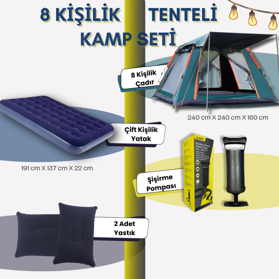 8 kişilik Tenteli Otomatik Tenteli Kamp Çadırı + Çift Kişilik Şişme Yatak Seti (Kamp Seti)
