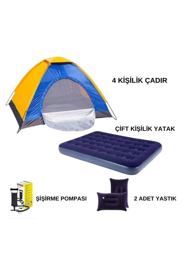 4 Kişilik Kolay Kurulumlu Kamp Çadırı + Çift Kişilik Şişme Yatak Seti (Kamp Seti)