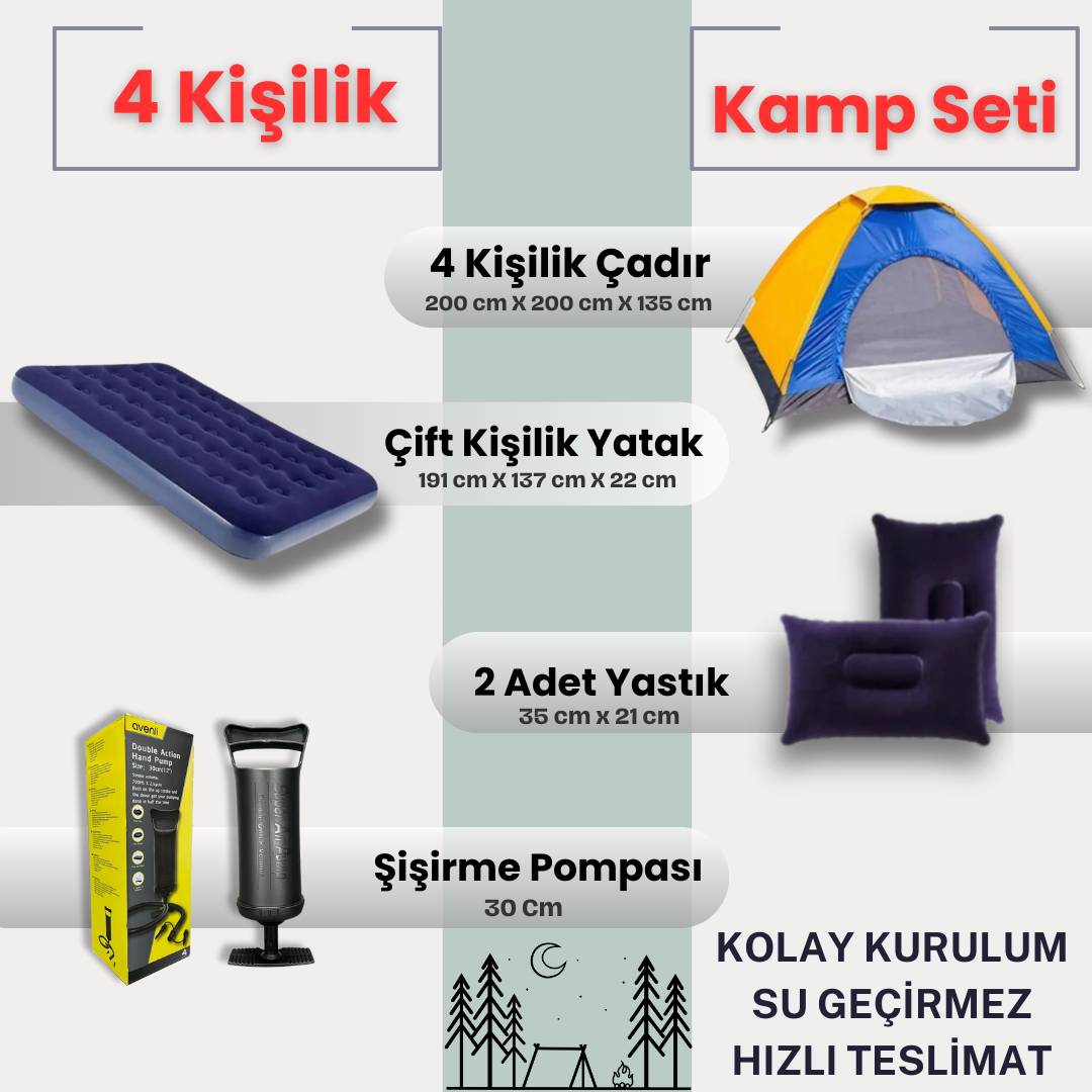 4 Kişilik Kolay Kurulumlu Kamp Çadırı + Çift Kişilik Şişme Yatak Seti (Kamp Seti)