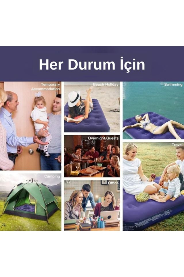 Büyük Çift Kişilik Şişme Yatak (203cm X 152cm X 22 Cm) + 2 Adet Yastık + Pompa / Kamp Seti