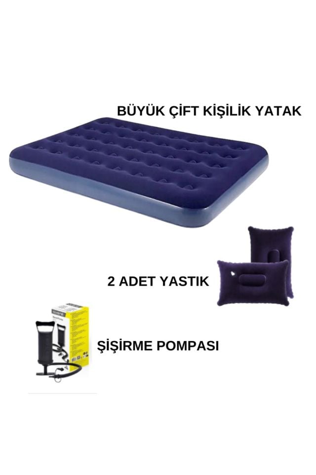 Büyük Çift Kişilik Şişme Yatak (203cm X 152cm X 22 Cm) + 2 Adet Yastık + Pompa / Kamp Seti