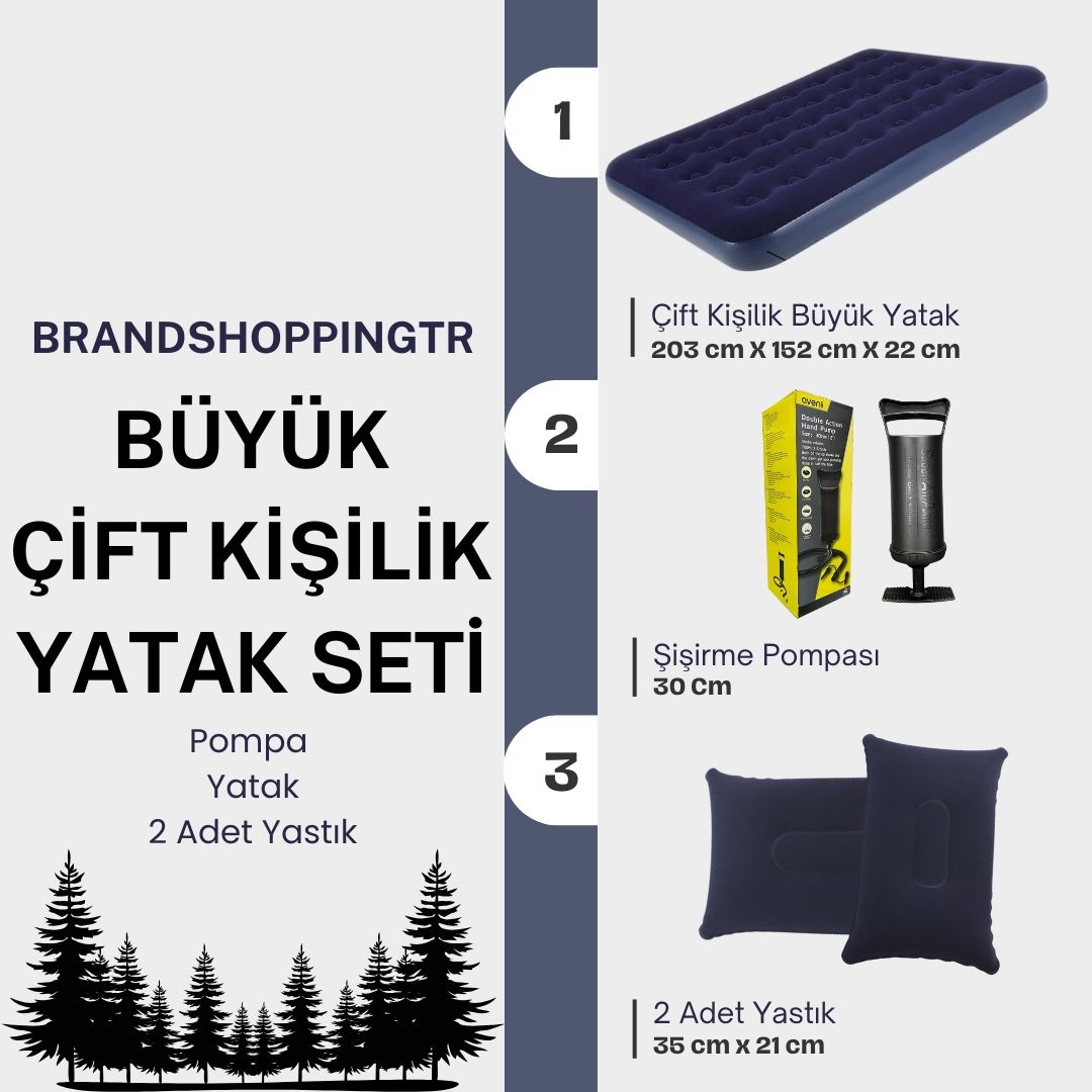 Büyük Çift Kişilik Şişme Yatak (203cm X 152cm X 22 Cm) + 2 Adet Yastık + Pompa / Kamp Seti