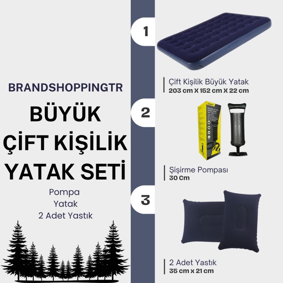 Büyük Çift Kişilik Şişme Yatak (203cm X 152cm X 22 Cm) + 2 Adet Yastık + Pompa / Kamp Seti
