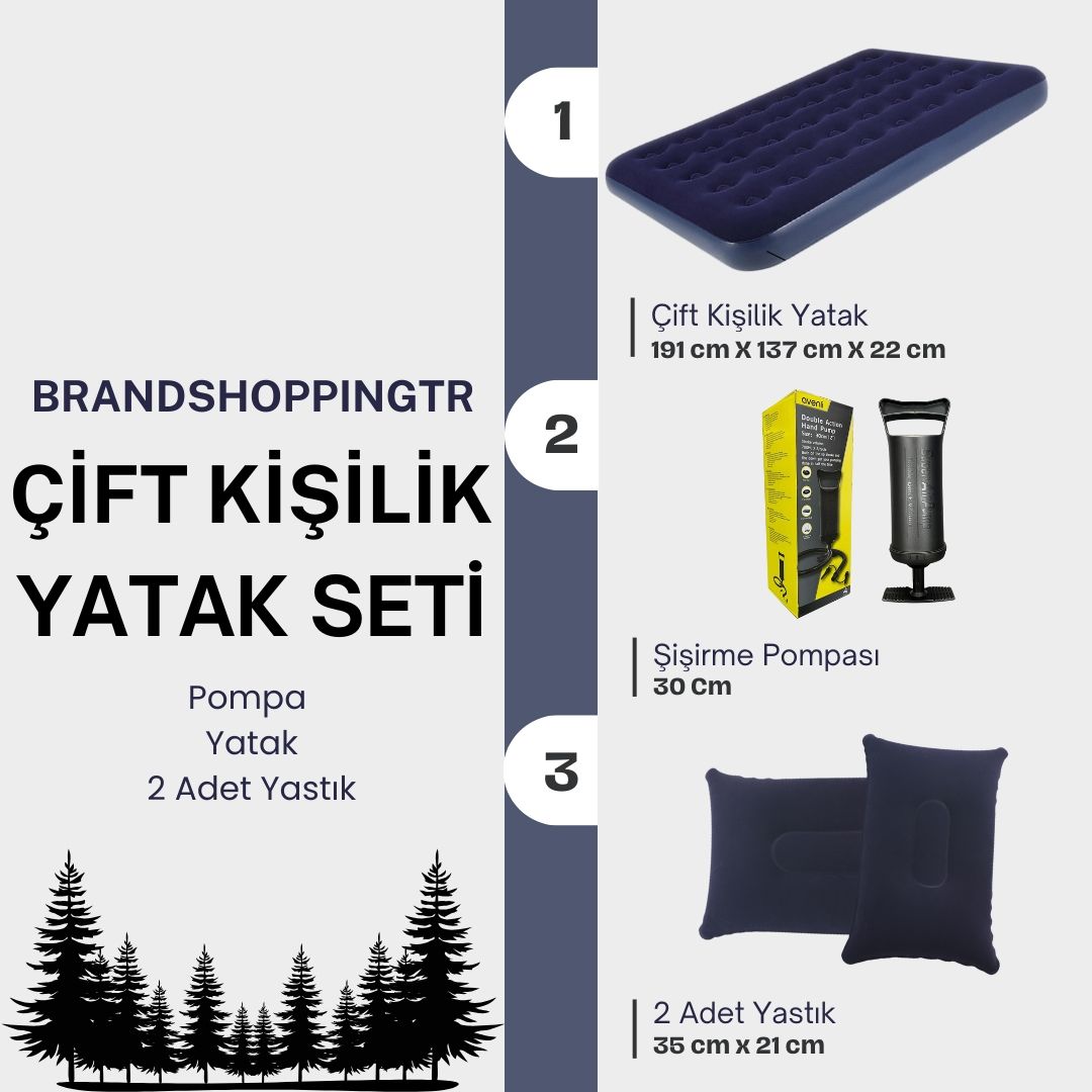 Çift Kişilik Şişme Yatak (191cm X 137cm X 22 Cm) + 2 Adet Yastık + Pompa / Kamp Seti
