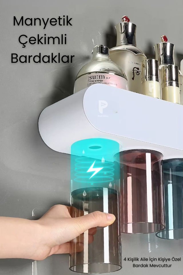 Manyetik 4'lü Bardak Tutuculu Diş Macunu Sıkacağı ve Banyo Düzenleyici