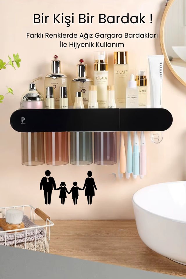 Manyetik 4'lü Bardak Tutuculu Diş Macunu Sıkacağı ve Banyo Düzenleyici