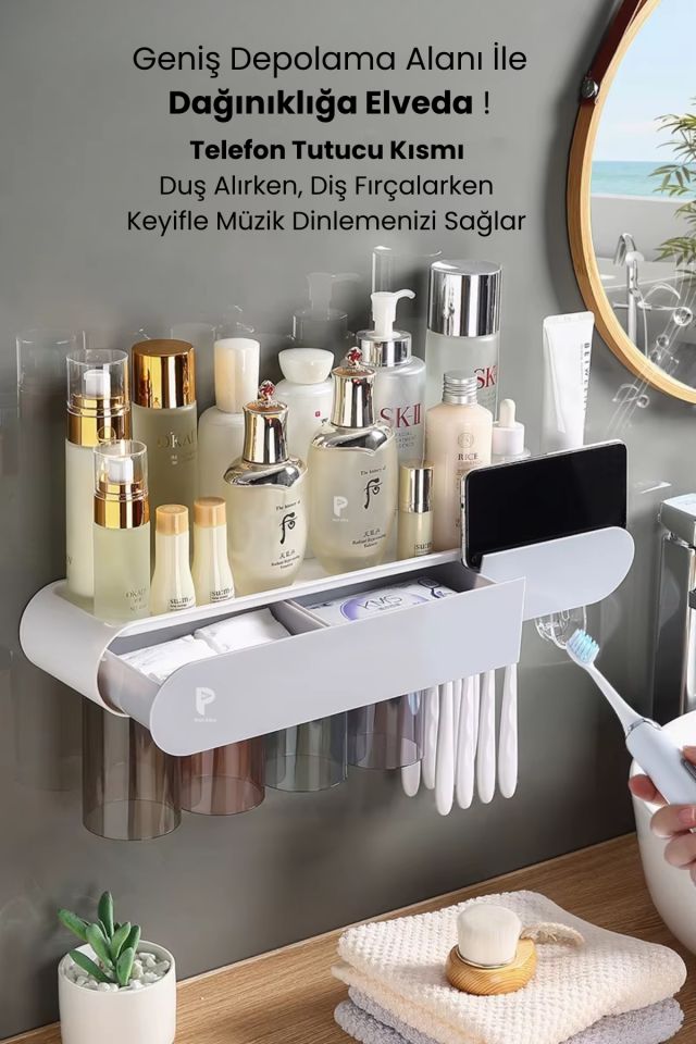 Manyetik 4'lü Bardak Tutuculu Diş Macunu Sıkacağı ve Banyo Düzenleyici
