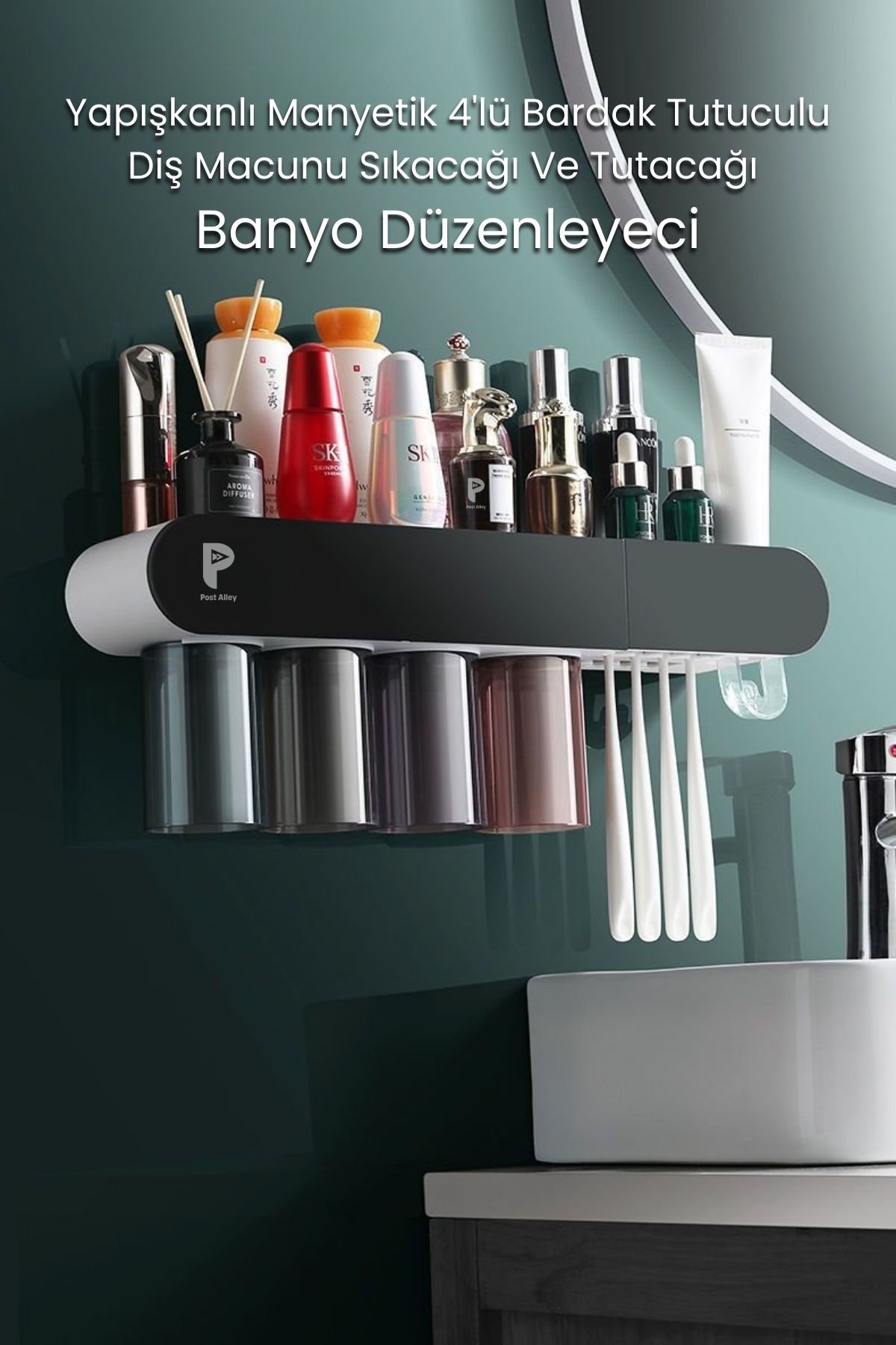 Manyetik 4'lü Bardak Tutuculu Diş Macunu Sıkacağı ve Banyo Düzenleyici
