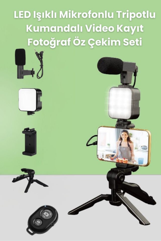 LED Işıklı Mikrofonlu Tripodlu Kumandalı Video Kayıt Fotoğraf Öz Çekim Seti