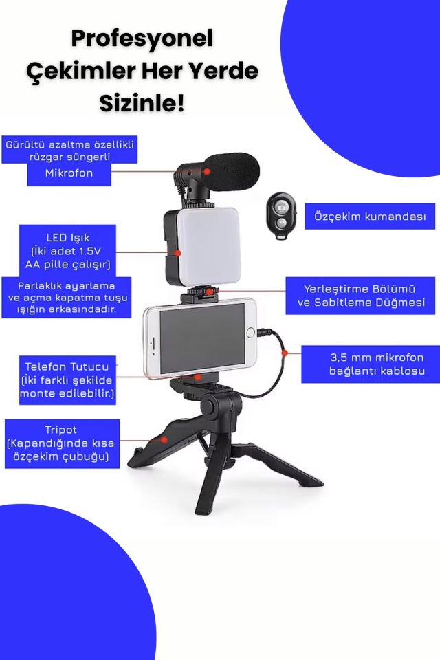 LED Işıklı Mikrofonlu Tripodlu Kumandalı Video Kayıt Fotoğraf Öz Çekim Seti