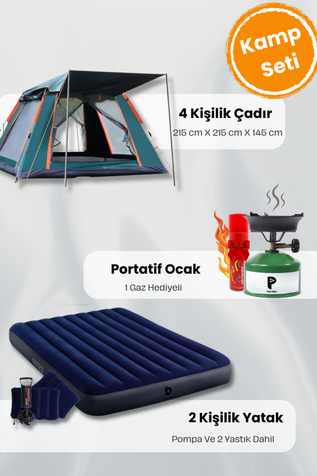 4 kişilik kamp çadır seti 2 kişilik yatak ve kamp ocağı