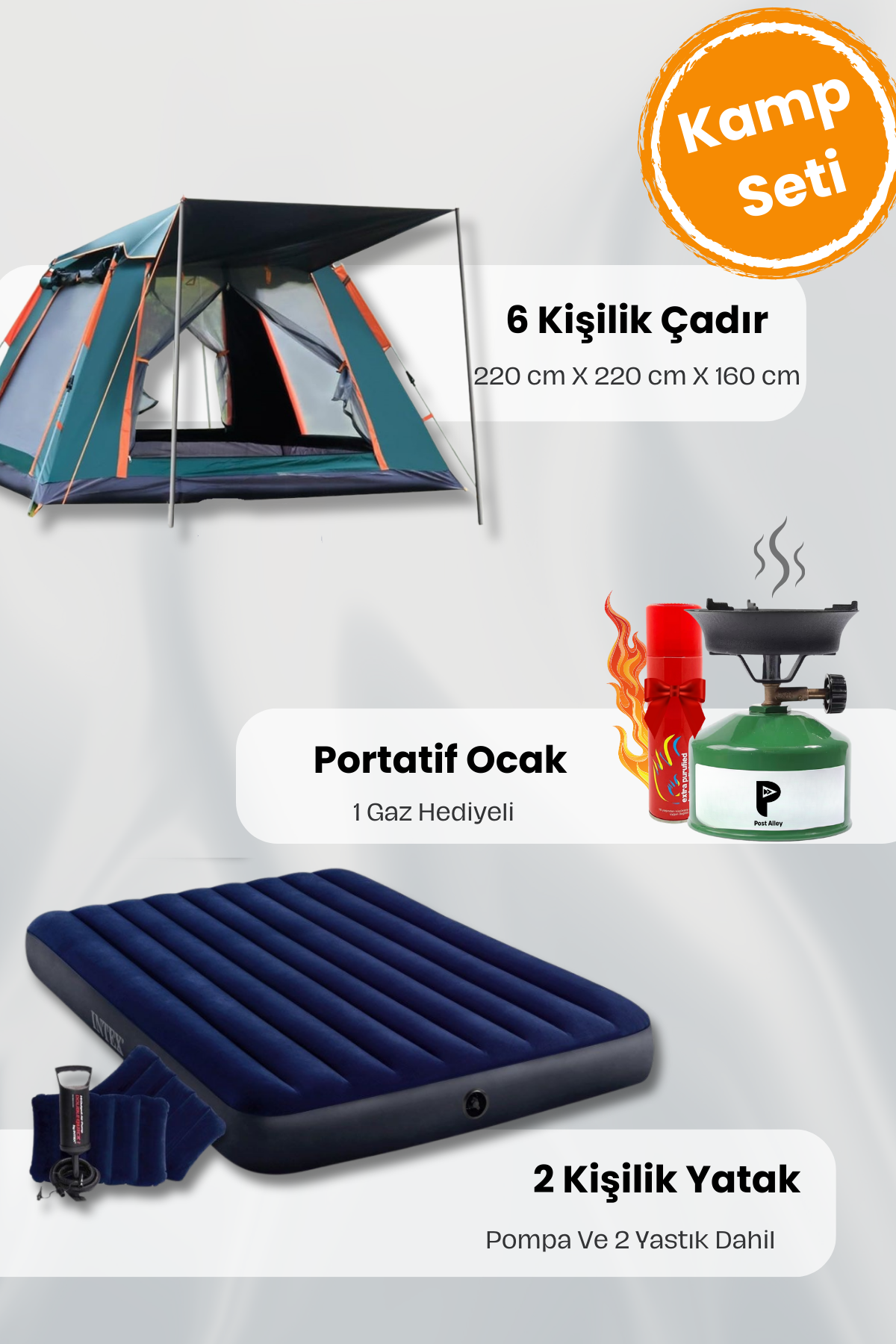 6 kişilik kamp çadır seti 2 kişilik yatak ve kamp ocağı