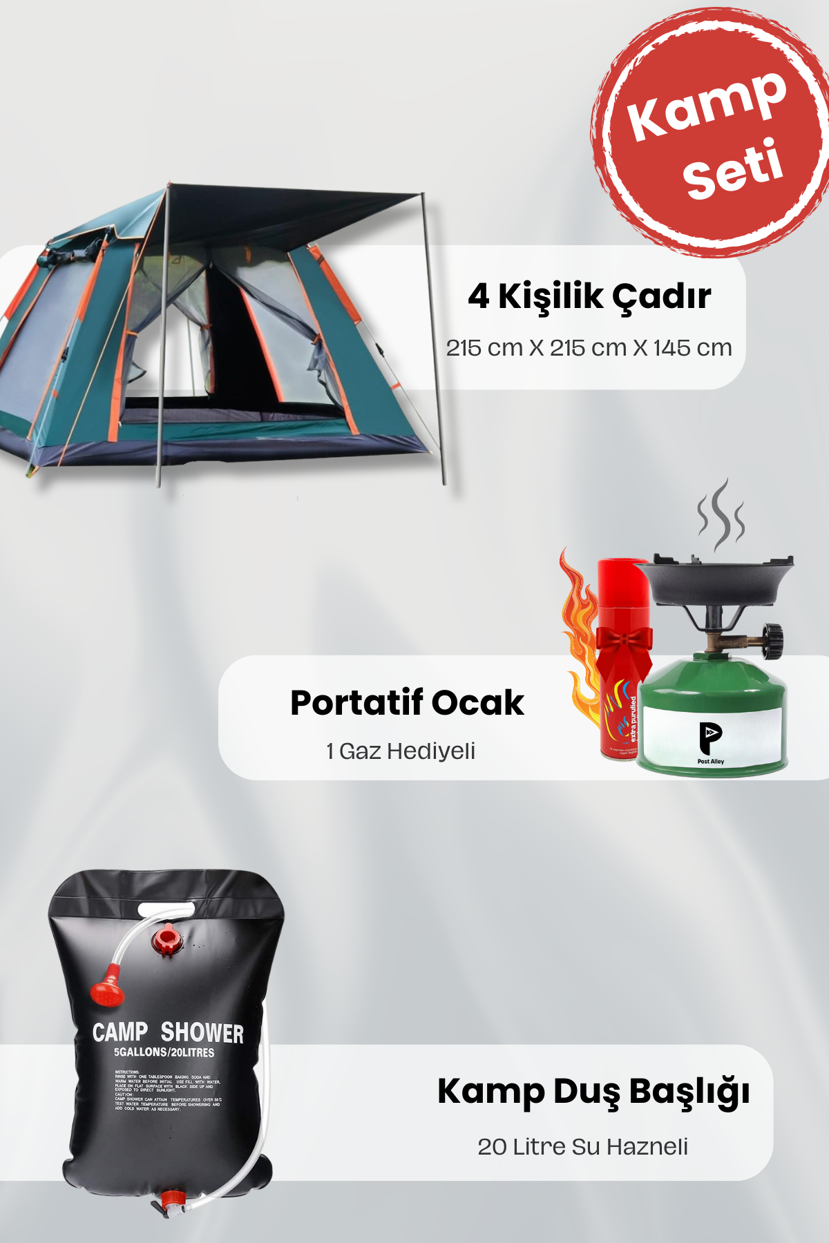 4 kişilik tenteli çadır seti ,Kamp duş başlığı ve Kamp Ocağı
