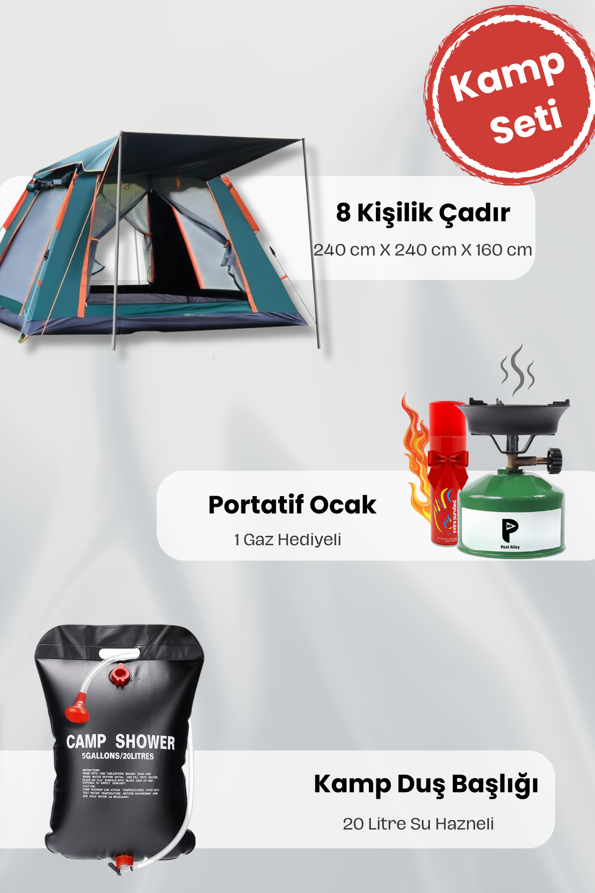 8 kişilik tenteli çadır seti ,Kamp duş başlığı ve Kamp Ocağı