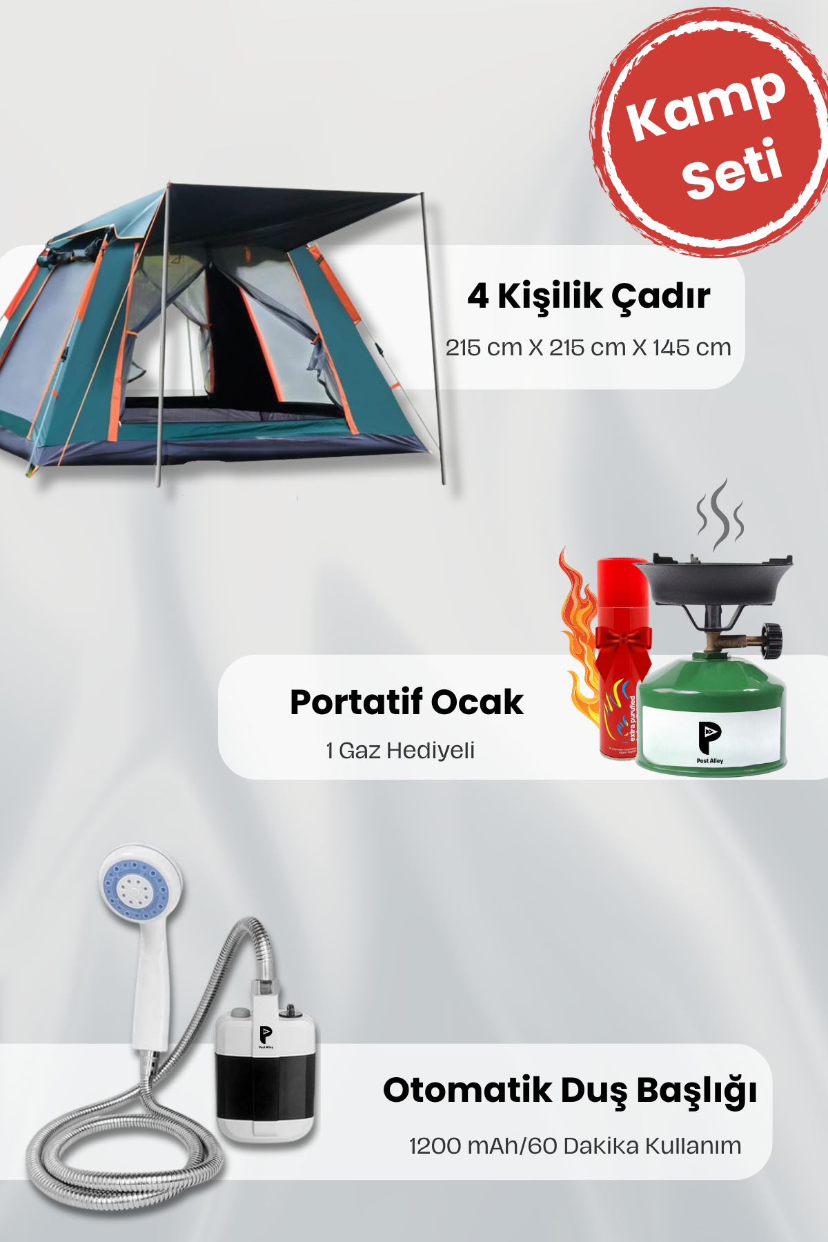 4 kişilik tenteli çadır seti ,Otomatik Şarjlı duş başlığı ve Kamp Ocağı
