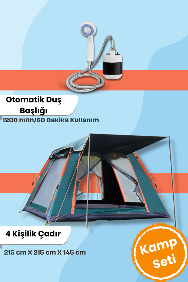4 kişilik tenteli çadır seti ,otomatik duş başlığı ve otomatik kamp çadırı